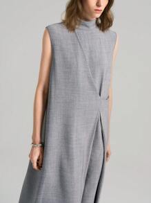 Ontre 四季女士浅灰色高端无袖连衣裙，裹身裙，简约连衣裙，简约时尚休闲日常长款连衣裙