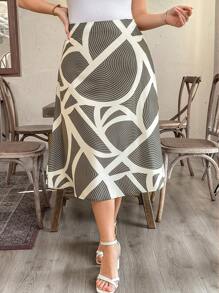 SHEIN LUNE Plus Size Women Geometric Pattern Casual A-Line Skirt Western Wear Women Boho Bohemian 90s Clothes Festival,Summer Outfits For Women, Old Money , Spring Break Outfits, Modesty Clothes Women Summer Boho Old Money Summer Outfits For Women Spring Break Rave Outfits Festival Spring Break Outfits