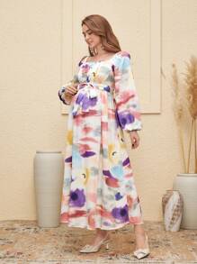SHEIN Vestido de manga farol con estampado de teñido anudado elegante para maternidad