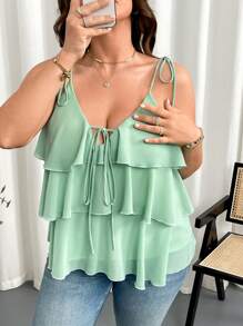 INAWLY Tie-Up Ruffle Hem Casual Everyday Tank Top, Simple & Fashionable - Green - View 5