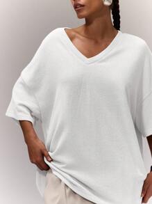 MUSERA Áo thun cổ chữ V dáng rộng, phong cách thường ngày, thích hợp đi nghỉ mát, dễ thương, phù hợp với tủ đồ cơ bản, áo thun oversized mặc hàng ngày, áo thun sân bay, thanh lịch, mùa xuân hè, kỳ nghỉ. - trắng - Xem 5