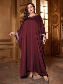 Al Najma Plus Size Elegant Sequin Tassel Decor Batwing Sleeve Arabic Style Dress, Modest Kaftan - Burgundy - View 4