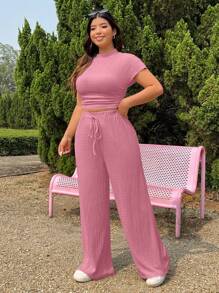 SHEIN EZwear Plus Size Textured Knit T-Shirt And Pants 2 Pieces Set With Drawstring, Casual