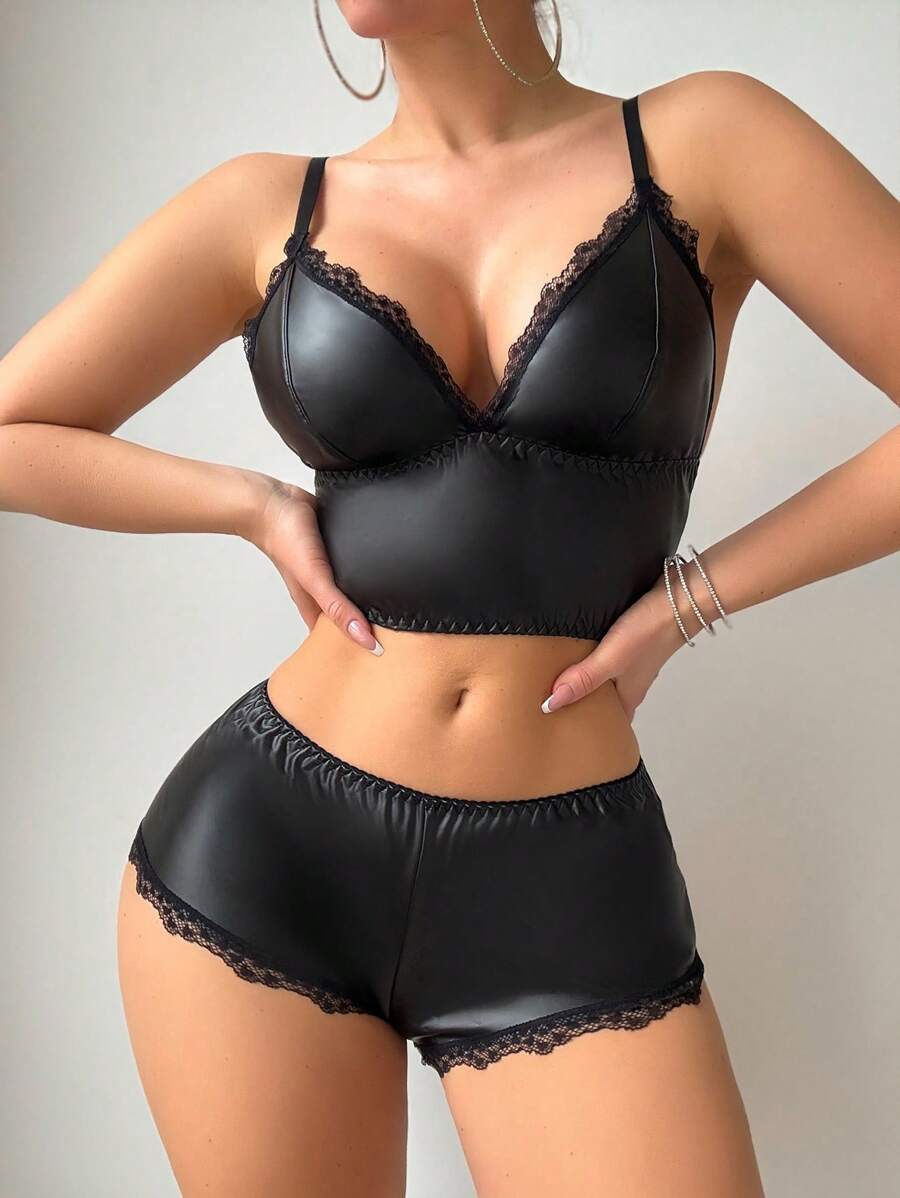 AltCore Set de 2 piezas de ropa interior femenina con aplicaciones de encaje, minimalista y de moda para uso diario casual - Negro - Ver 1