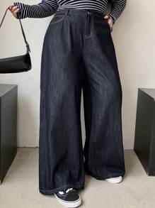 Dazy Plus Quần Jeans Ống Rộng Rộng Màu Sẫm, Dùng Cho Mọi Mùa - Rửa tối - Xem 7