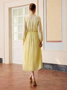 ZEYLAH EMBROIDERED PLEATED LONG SLEEVES DRESS, SPRING DRESS,SPRING/SUMMER - Yellow - View 6