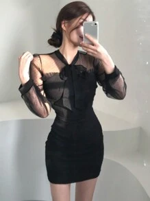 DAZY Women's Mesh Paneled Lace-Up Wrap Mini Dress, Spring/Fall Party Women Dresses Milkmaid Dress,Back To School Clothes Long Sleeve Dress - Black - View 2