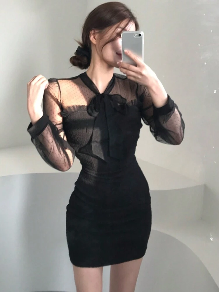 Women's Mesh Paneled Lace-Up Wrap Mini Dress, Spring/Fall Party Women Dresses Milkmaid Dress,Back To School Clothes Long Sleeve Dress