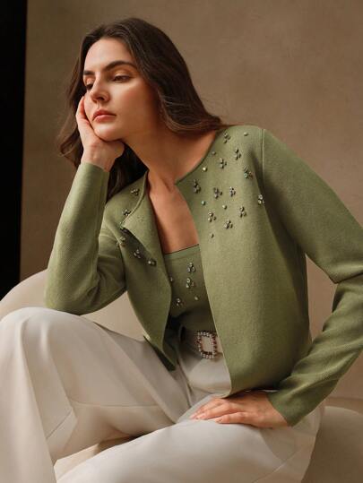 Anewsta Conjunto de 2 peças de jaqueta casual de manga comprida com decoração de strass e camisola curta feminina