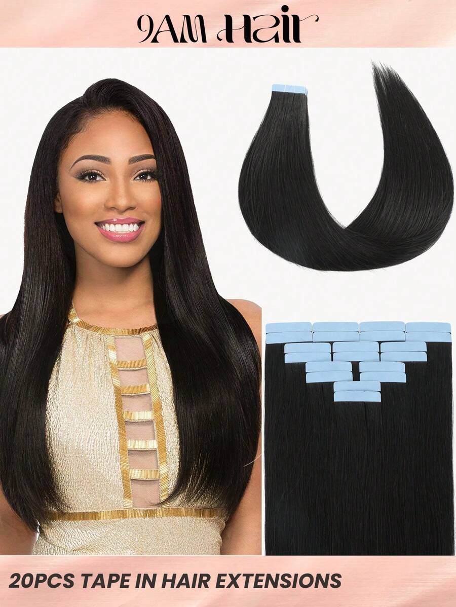 Straight Tape In Hair Extensions Human Hair 14-22 Inch Seamless Skin Weft Hair Extension Tape In Hair Tape Ins Hair Extensions - Natural Black - View 1