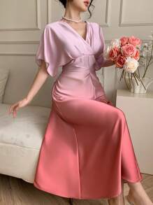 DAZY Women's Gradient Batwing Sleeve V-Neck Waist Flared Muse Dress, Suitable For Summer, Valentine's Day, Vacation Maxi Dress - Pink - View 7