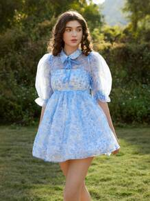SHEIN MOD Women Floral Print 2 In 1 Tie-Up Organza Dress, Women's Blue And White Print, Organza, Two-Piece Suit, Jacket And Dress, Print Blue Dress (Without White Inside Petticoat), Retro Palace Style Puff Sleeve, Art Series,