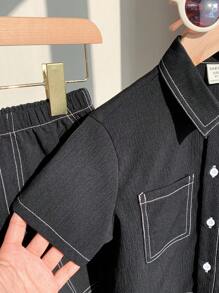 SHEIN 2pcs/Set Young Boys Casual Contrast Stitching Short Sleeve Shirt And Shorts