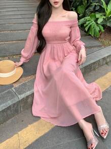 DAZY Women's Solid Color Waist Cinched Off Shoulder Dress,Fall Dress Long Sleeve Dress - Pink - View 9