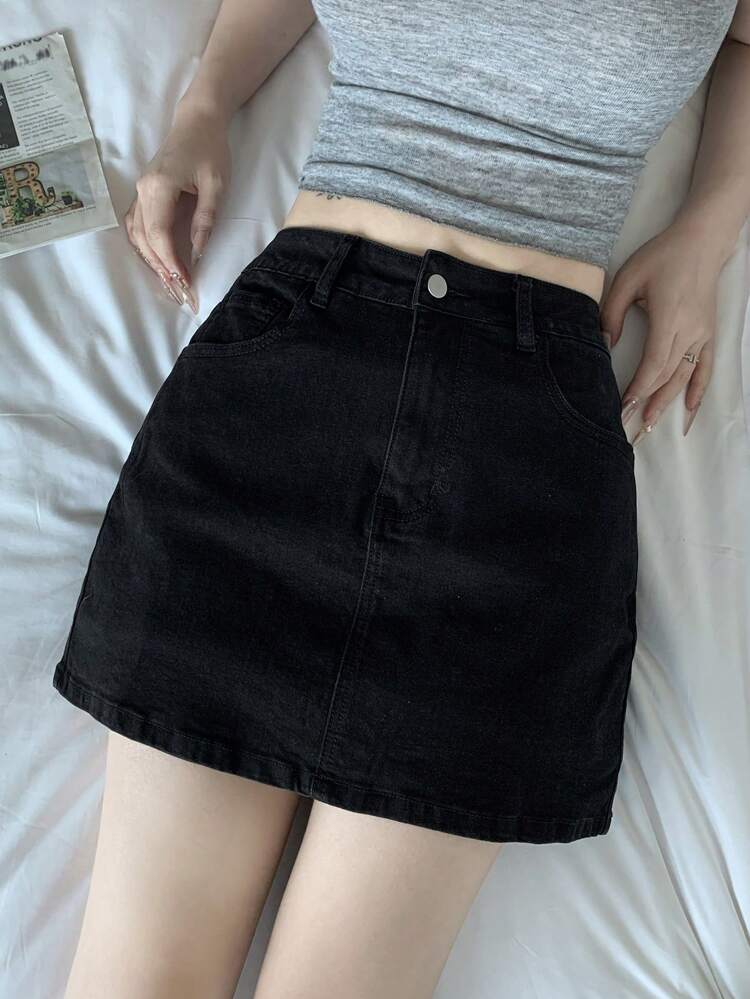 Women Tight Fitted Pocketed Cropped Black Denim Mini Skirt, Casual Jeans Skirt