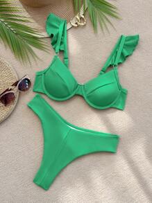 SHEIN VCAY Top con volantes en las mangas y Bottom de traje de baño verde para vacaciones de verano en la playa