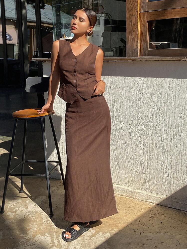 2 Pieces Set Women's Brown Fashionable Vest, Spring/Summer Linen