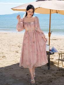 DAZY Spring New Fashion Plant Print Waist High Waist Sundress, Elegant Long Sleeve Ditsy Floral Dress, High-End Pink Ditsy Floral Formal Dress For Women