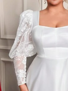 Glamrae 大码浪漫复古白色羊腿袖露背透明 A 字拖尾婚纱