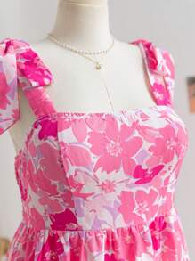 Soleia Plus Size Women Boho Floral Print Romantic Bowknot Cami Dress With Cinched Waist And A-Line Silhouette, Spring, For Summer,Beach Dress Sundress,Holiday Outfits