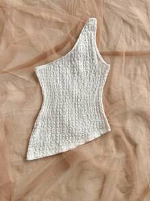 Soleia 女士度假米色纹理针织面料单肩不对称下摆扭肩设计修身衬衫，适合派对、约会、情人节、海滩、游轮、复活节、狂欢节 - 白色 - 查看 2