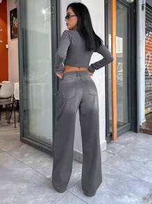 EURMUSE 阔腿低腰牛仔裤 - 淺灰色 - 查看 2