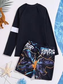 Tween Boys Long Sleeve Dinosaur Print Rash Guard And Trunk Swimsuit Set - Black - View 2