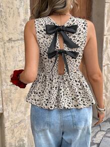 SHEIN Frenchy Women's Simple Fashion Casual Sleeveless Shirt, Everyday Wear, Suitable For Daily Wear,Tie-Up Contrast Bow At Back, Sleeveless Babydoll Top, Leopard Print Fabric Summer - Multicolor - View 1
