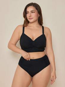 SHEIN Swim Curve Conjunto de bikini de tela acanalada de talla grande con tirantes ajustables, informal para la playa y uso diario, verano
