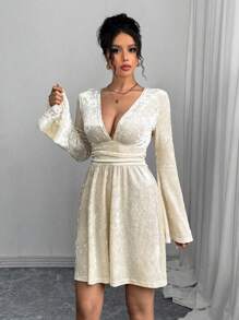 Chiquease Vestido con cuello en V simple, mangas acampanadas y plisadas para uso diario informal de la mujer - Albaricoque - Ver 1