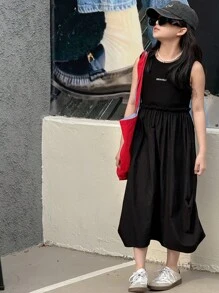 Dazy Kids 青少年女孩夏季休闲无袖字母印花连衣裙，返校服装 - 黑色 - 查看 2