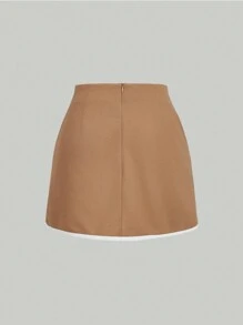 SHEIN MOD Women's Camel Color Contrast Trim Brown Mini Skirt,Business Casual Woman,Airport For Women,Going Out Top,Office Top,Boho Top,Old Money Style Women Skirt - Camel - View 2