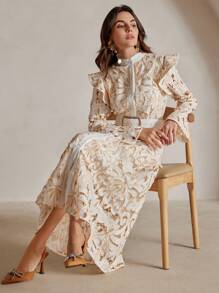 Anewsta Đầm Maxi Ren Cổ Chữ V Tay Dài Thanh Lịch Cổ Điển Sang Trọng Cho Nữ (Họa Tiết Hoa Ngẫu Nhiên) - trắng - Xem 1