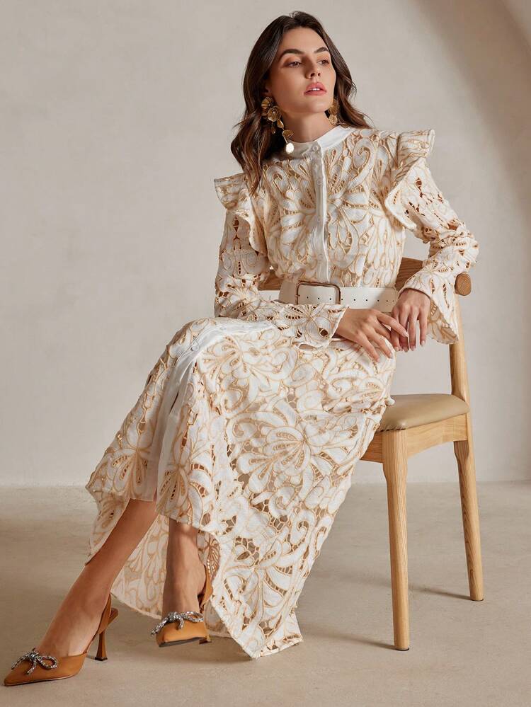 Women's Elegant Vintage Charm Long Sleeve V-Neck Cinched Waist Lace Maxi Dress (Random Floral)