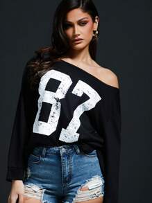 Denimoi Women's Spring/Summer Casual Digital Print Side Slit Long Sleeve T-Shirt - Black - View 5