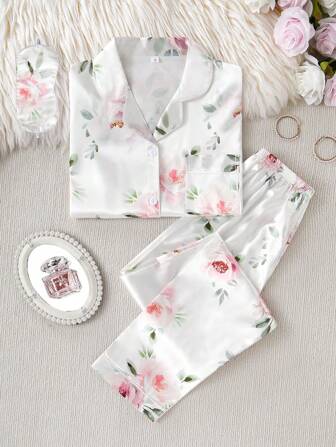 3 件套女士时尚优雅水彩玫瑰印花 V 领开衫、短袖上衣和裤子（带眼罩）、舒适家居服