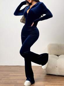 SHEIN EZwear 女士纯色长袖前拉链连帽连体裤 - 藍色 - 查看 5