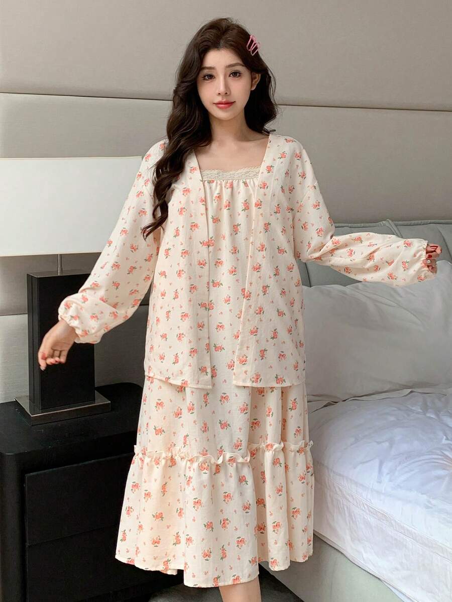 DAZY Women Ditsy Floral Jacket, Strap Nightgown & Pajama Set