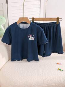 Conjunto de pijama de niña preadolescente con top de manga corta y short con estampado de unicornio