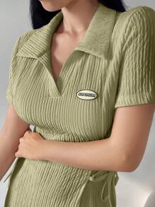 Modelyn 女士纯色贴花系带领短袖连衣裙长款女装 - 薄荷綠 - 查看 8