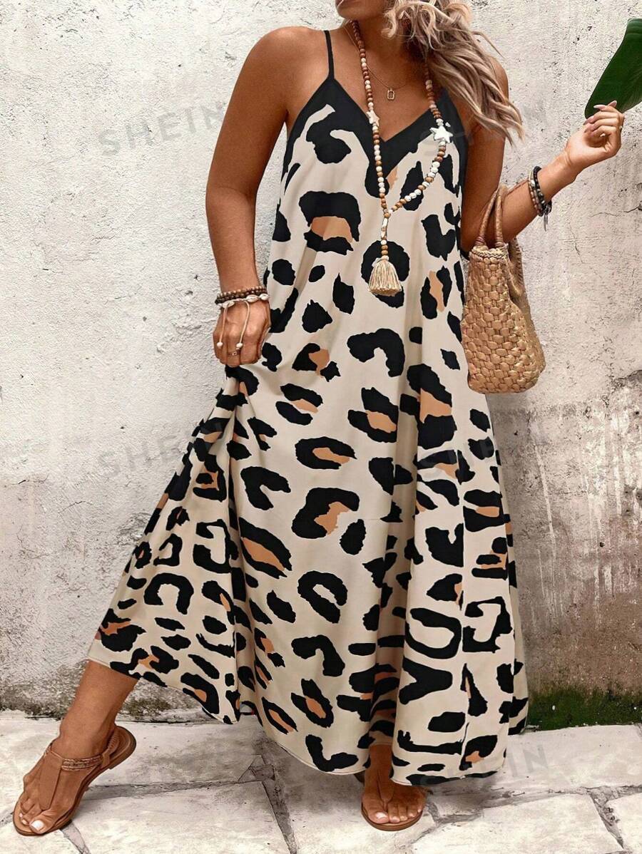 Breezaya Vestido largo de verano de talla grande con estampado de leopardo y corte holgado para mujer de talla grande