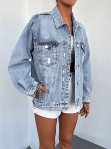 Cottnline 98%Cotton Flap Pocket Ripped Drop Shoulder Denim Jacket - Light Wash - View 3