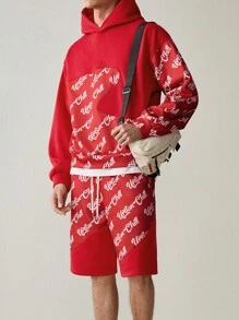 Manfinity VCAY 2pcs/Set Men's Knitted Casual Patchwork Loose Hooded Long Sleeve Sweatshirt And Drawstring Waist Straight Shorts Suit