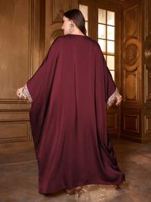 Al Najma Plus Size Elegant Sequin Tassel Decor Batwing Sleeve Arabic Style Dress, Modest Kaftan - Burgundy - View 2