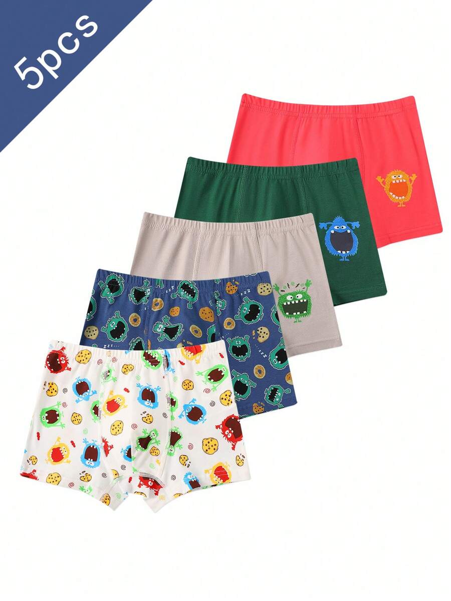 5 Pack Young Boy Simple Solid & Printed Combination Fashion Boxer Briefs - Multicolor - View 1