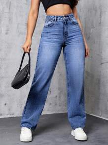 SHEIN EZwear Slant Pocket Straight Leg Jeans - Medium Wash - View 1