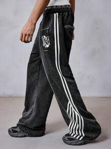 ROMWE MEN Street Life Men's Distressed Waistband Wash Vintage College Jogger Sweatpants - Black - View 4