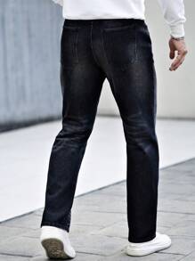 Manfinity Homme Men's Straight Leg Casual Jeans With Pockets, Versatile - Dark Wash - View 4