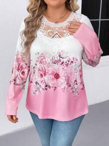 SHEIN LUNE 大码水溶性蕾丝领花卉印花 T 恤