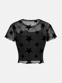 SHEIN Girlism 2pcs/Set Tween Girl Casual Street Chic Round Neck Flock Short Sleeve + Cami 2-In-1 Top - Black - View 2